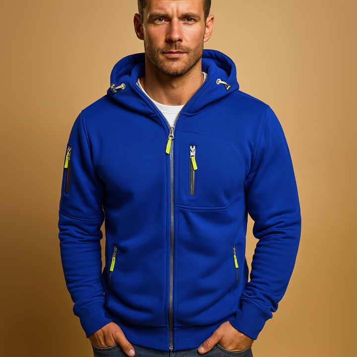 Versatile men's gray zip-up hoodie, ideal for fall layering, casual outings, or a cozy winter outfit.